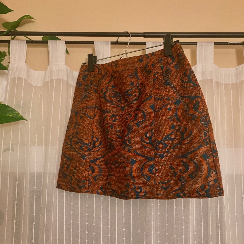 Red Orange/Teal Embroidered Mini Skirt | Size S